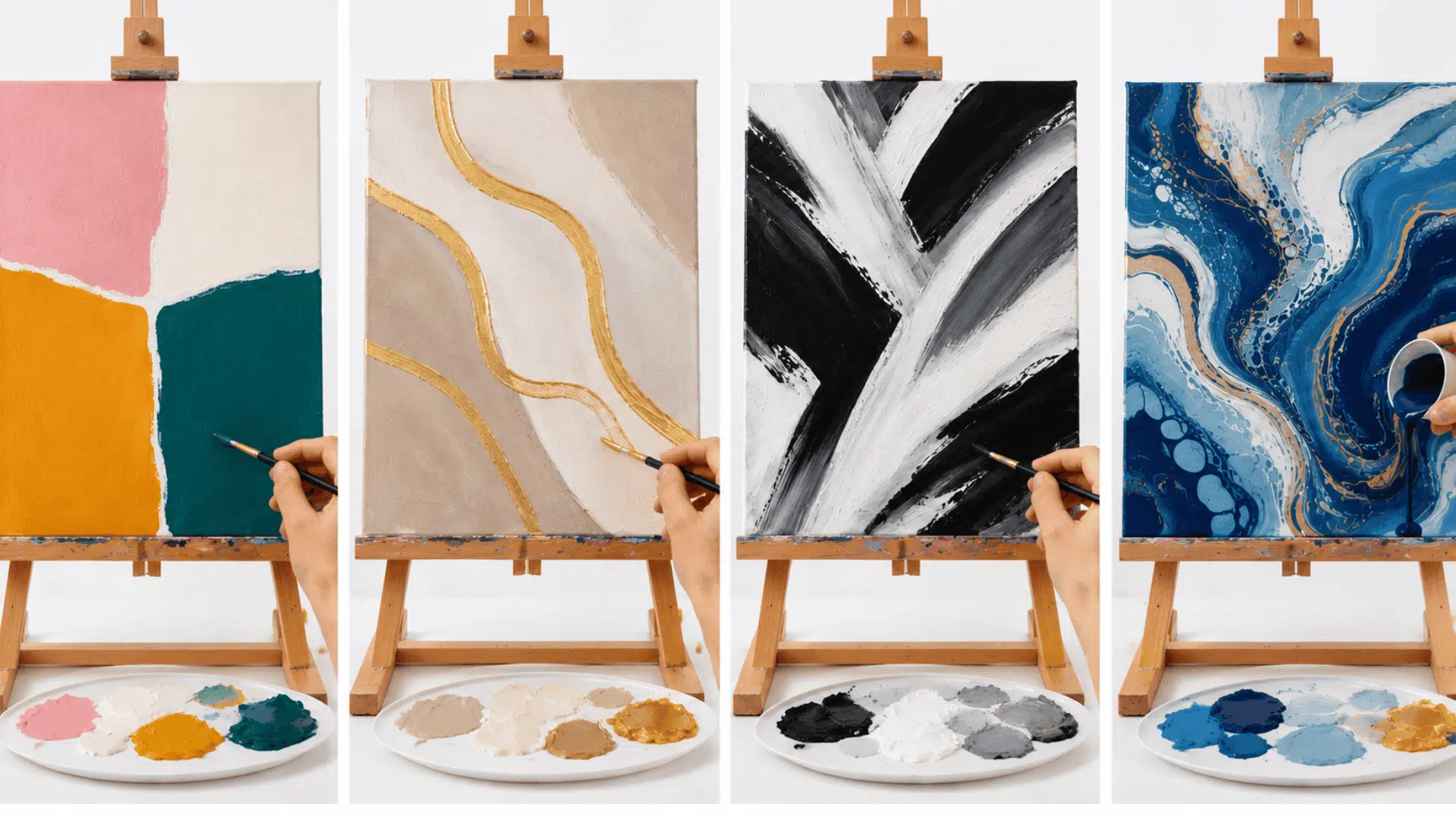Four abstract paintings on easels featuring color blocks, gold lines, brush strokes, and acrylic pour art in a studio.