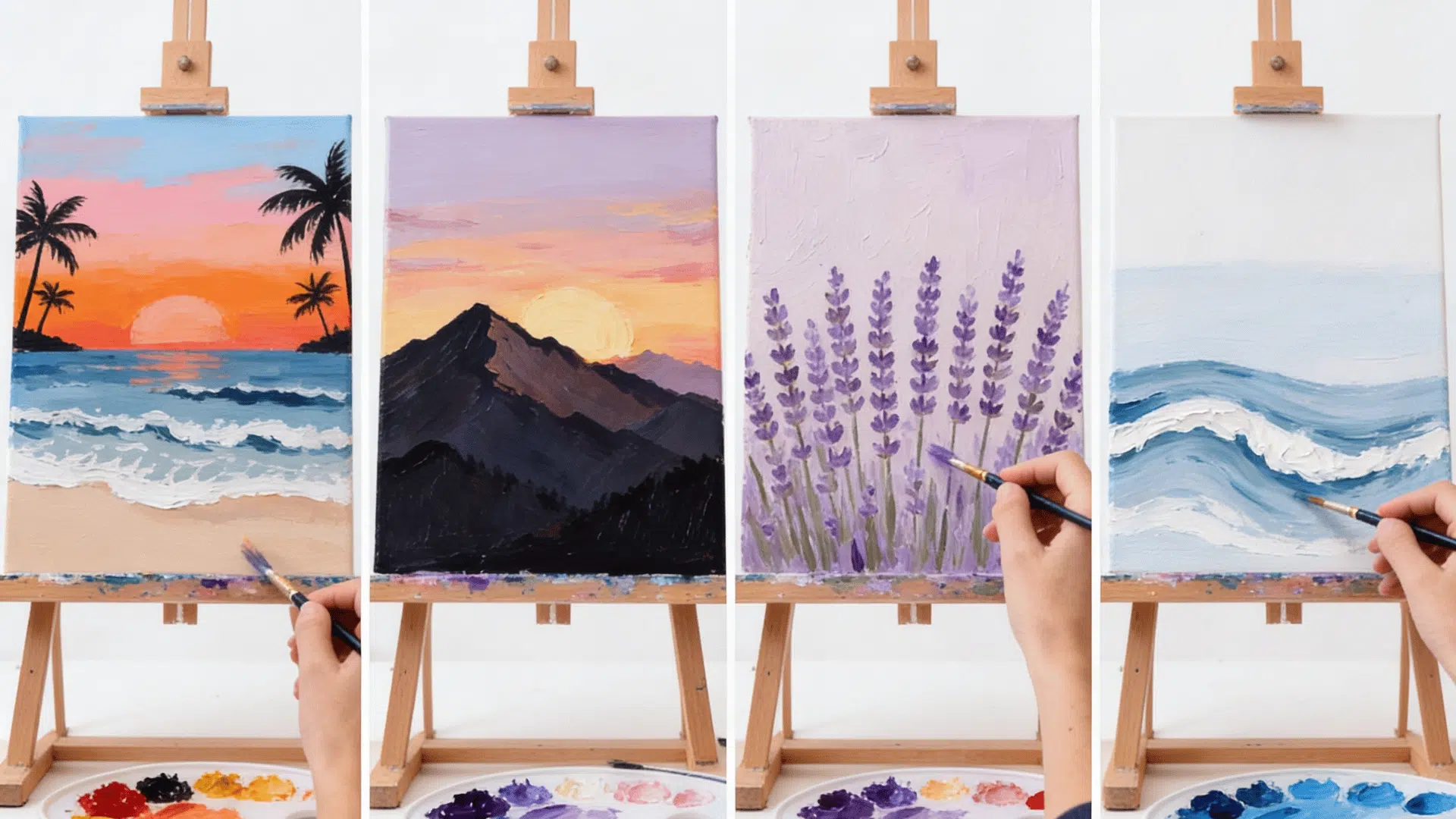 Four beginner acrylic canvas paintings on easels beach sunset, mountain silhouette, lavender field, and ocean waves tutorial panels
