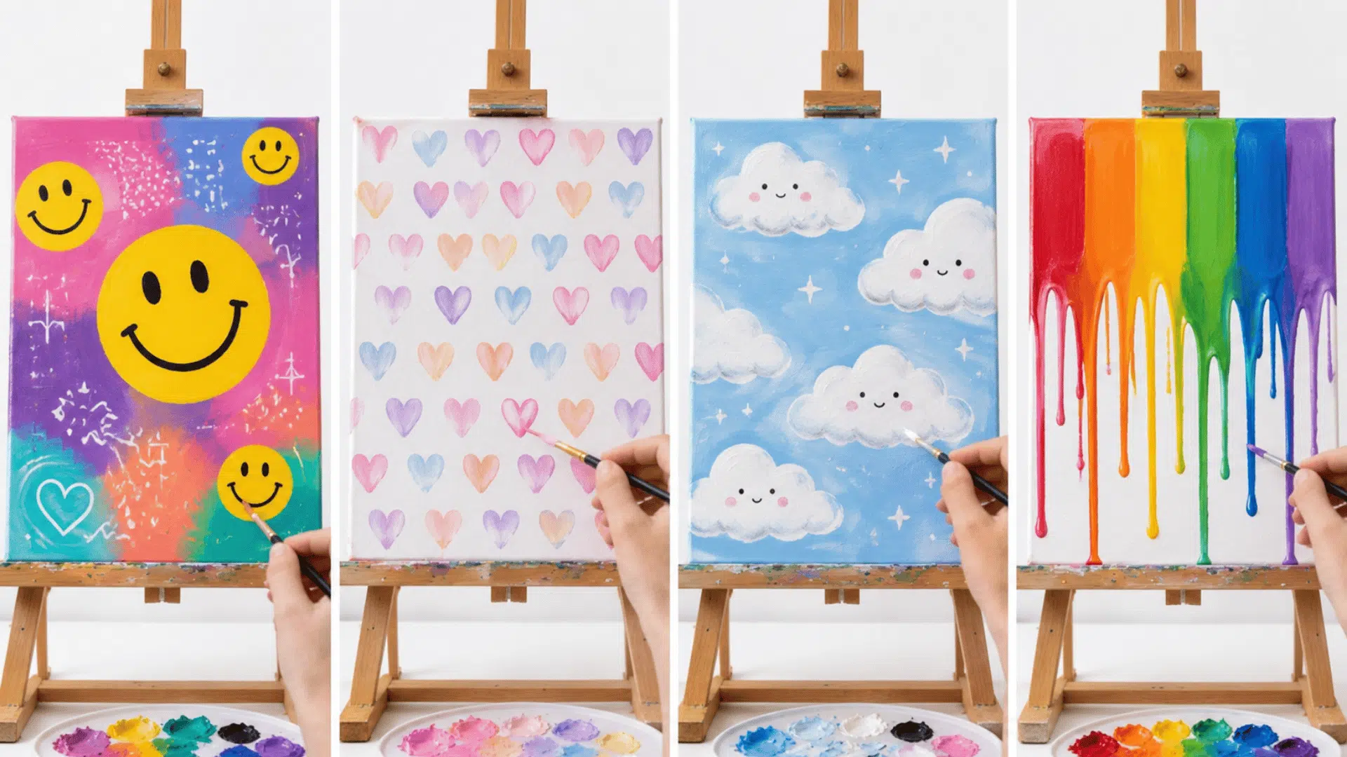 Four colorful beginner acrylic canvas paintings on easels featuring smiley faces, pastel hearts, cartoon clouds, and rainbow drips.
