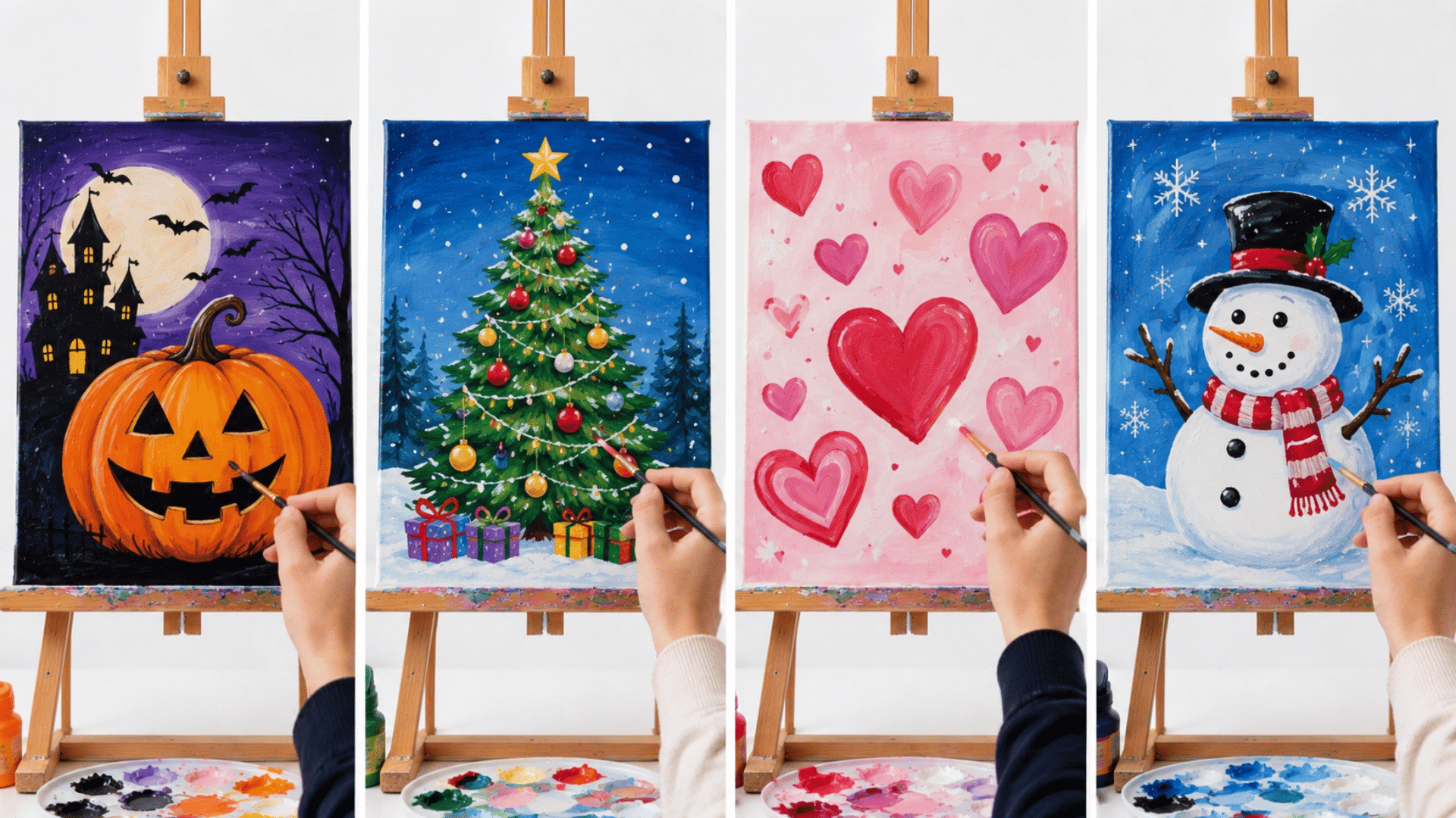 Four holiday-themed beginner canvas paintings on easels featuring a pumpkin, Christmas tree, hearts, and snowman art.