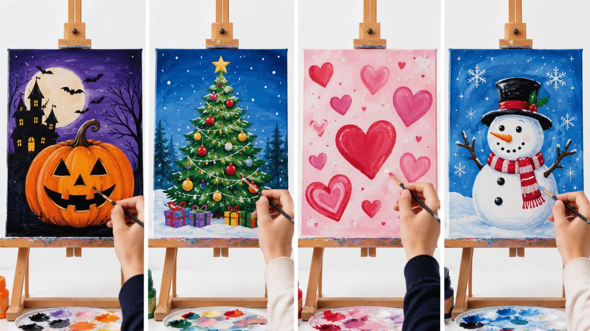 Four holiday-themed beginner canvas paintings on easels featuring a pumpkin, Christmas tree, hearts, and snowman art.