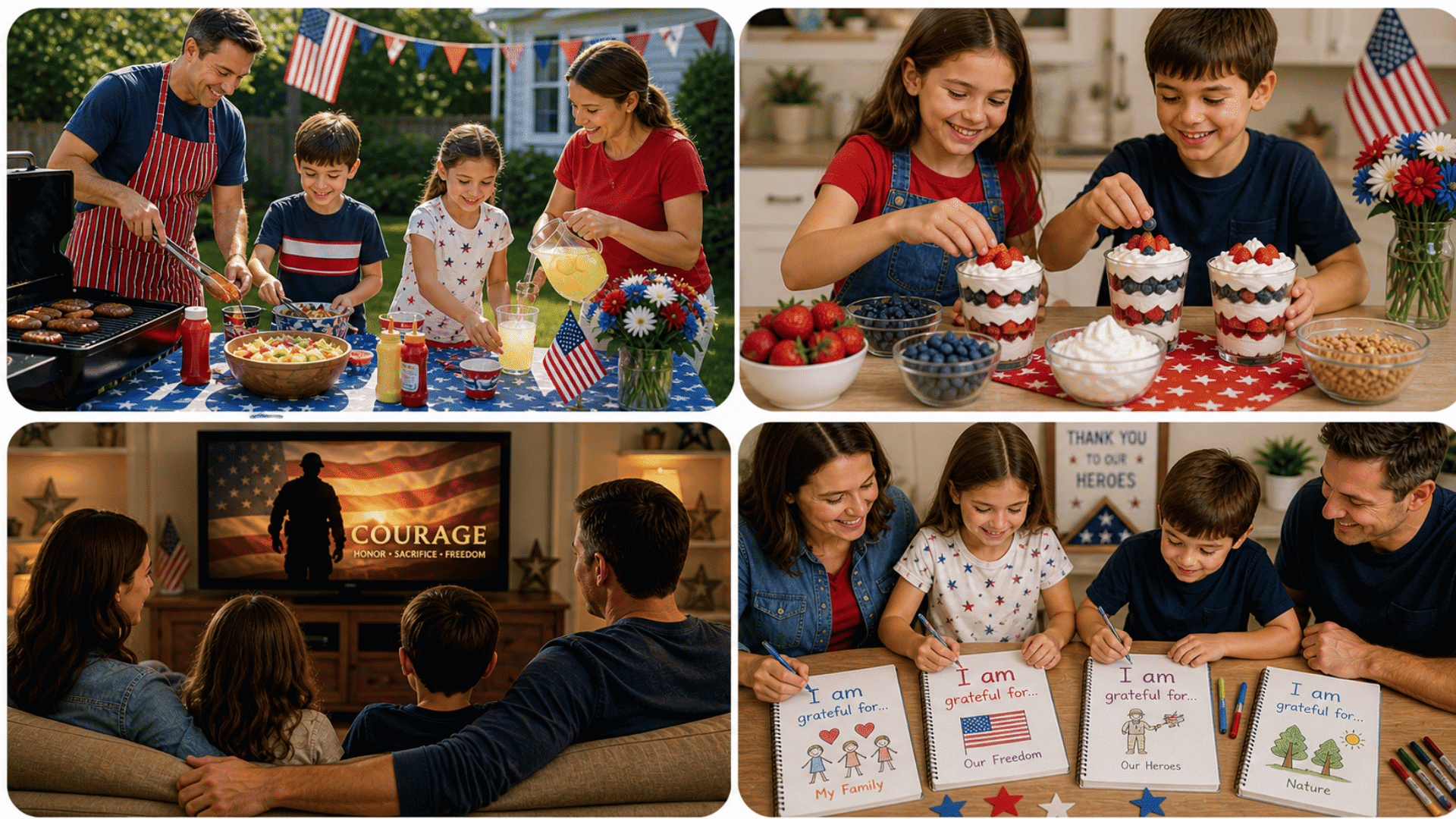 Four-image collage of family Memorial Day activities BBQ cooking, making patriotic snacks, watching tribute movie, and writing gratitude journals