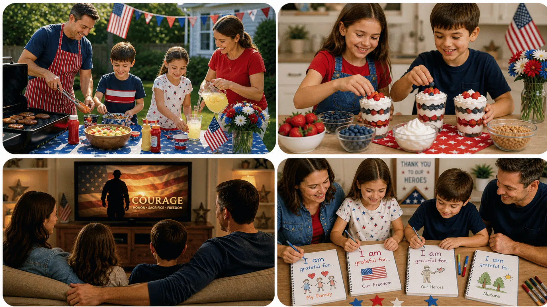 Four-image collage of family Memorial Day activities BBQ cooking, making patriotic snacks, watching tribute movie, and writing gratitude journals