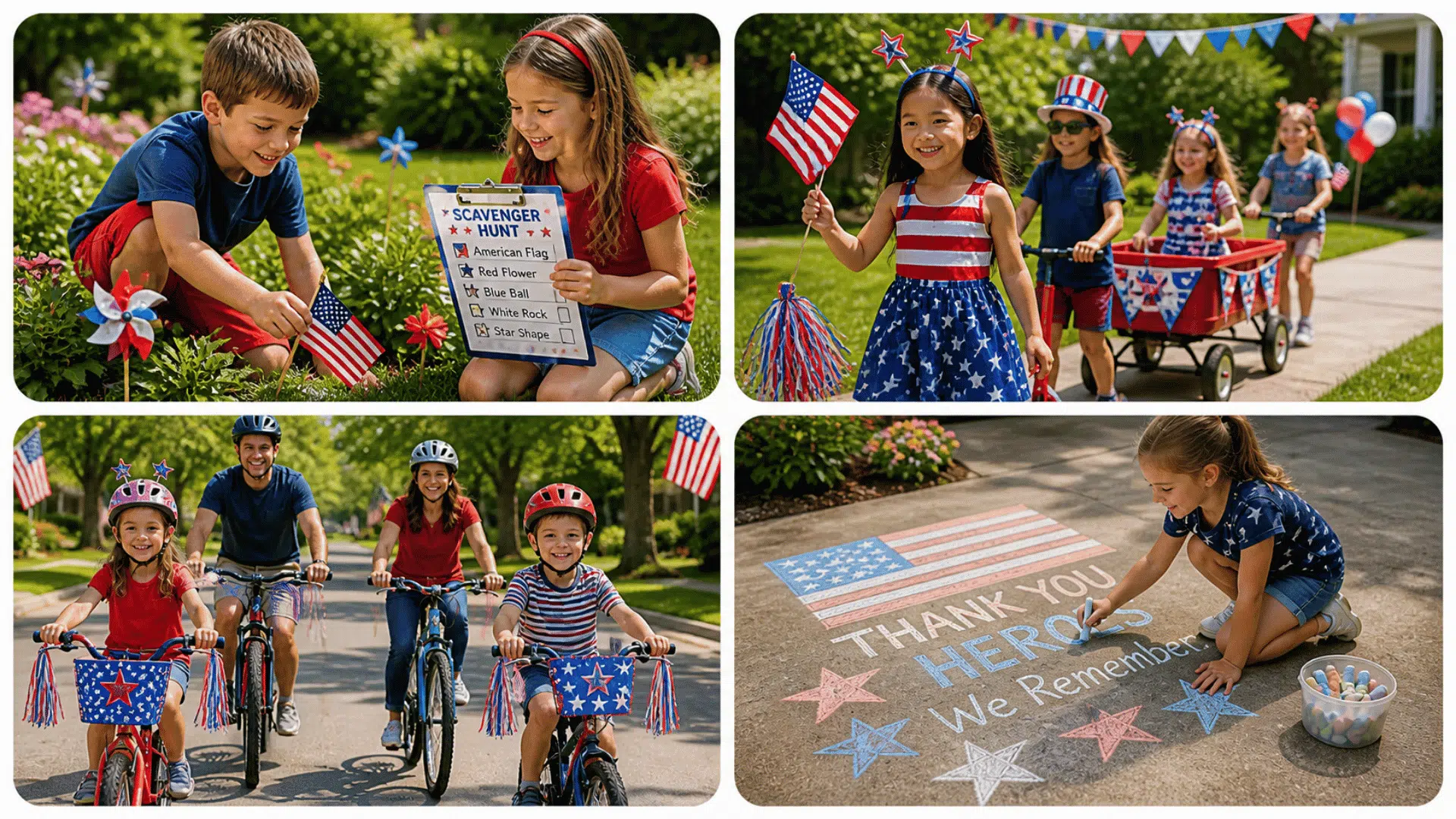 Four-image collage of kids enjoying outdoor Memorial Day fun scavenger hunt, backyard parade, bike ride with flags, and chalk art on driveway