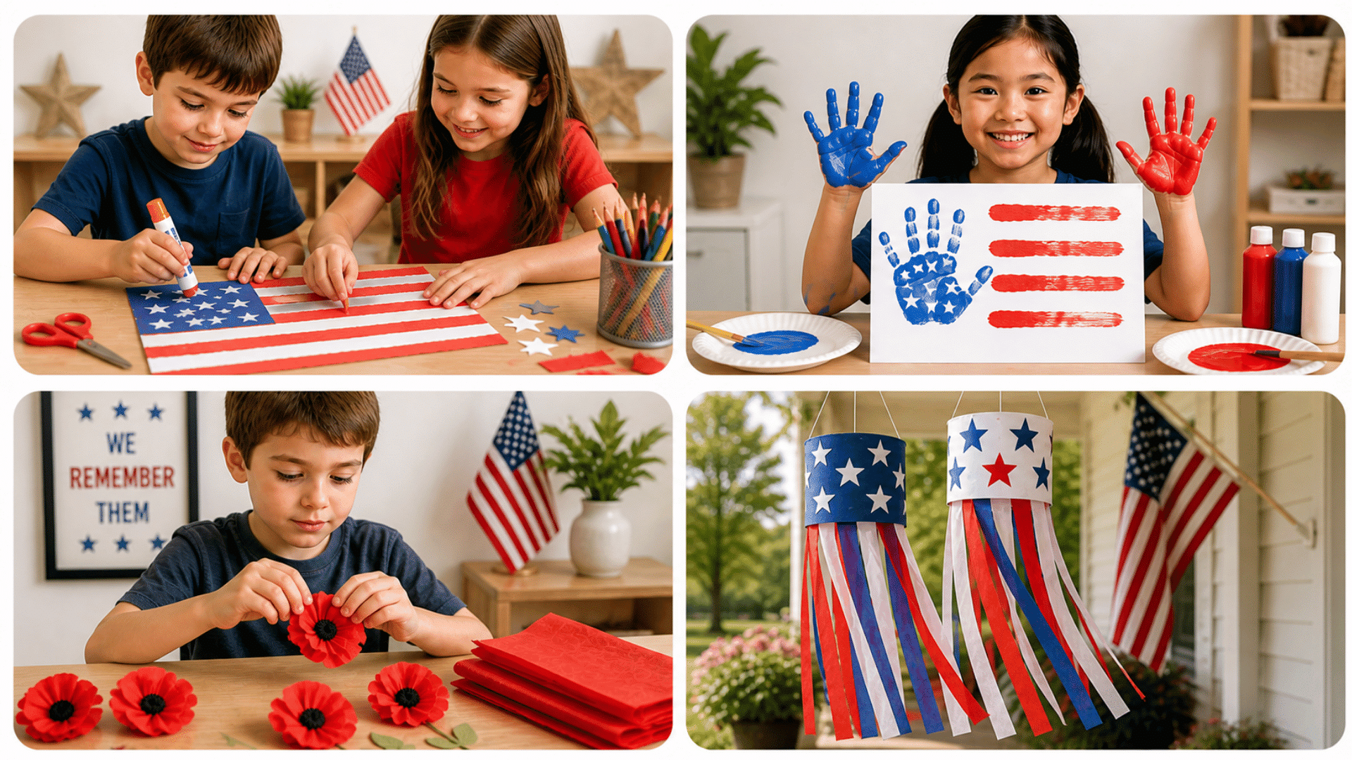 Four-image collage of kids making patriotic crafts flag art, handprint painting, paper poppies, and red, white, and blue windsocks at home