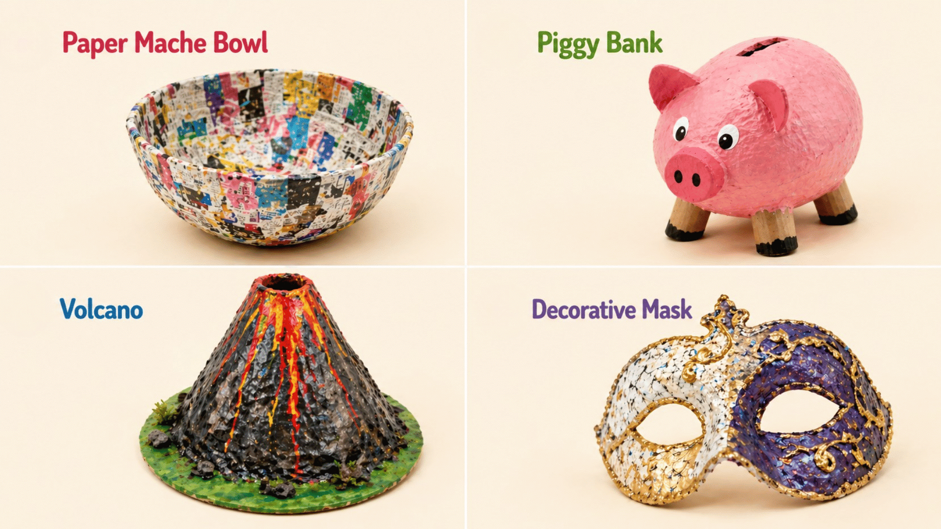 Four-panel beige collage showing paper mache bowl, piggy bank, volcano model, and decorative mask arranged in clean sections
