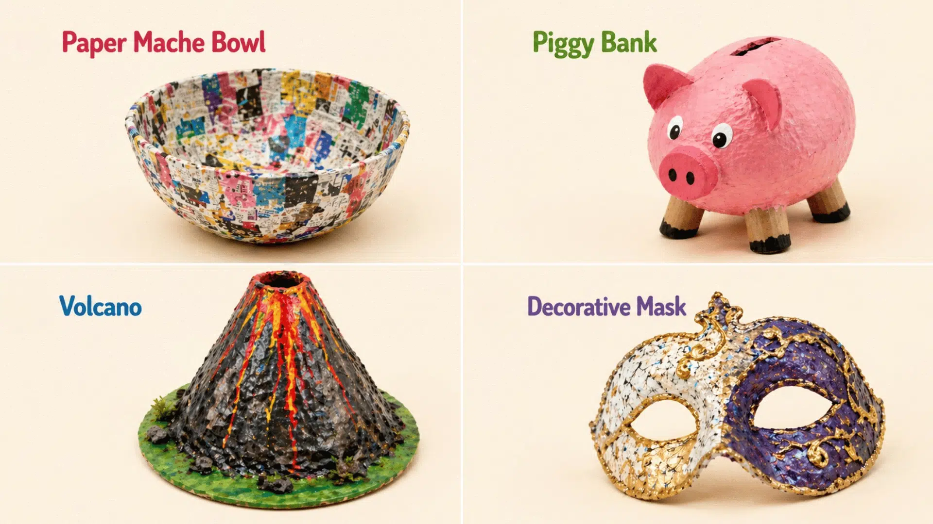 Four-panel beige collage showing paper mache bowl, piggy bank, volcano model, and decorative mask arranged in clean sections