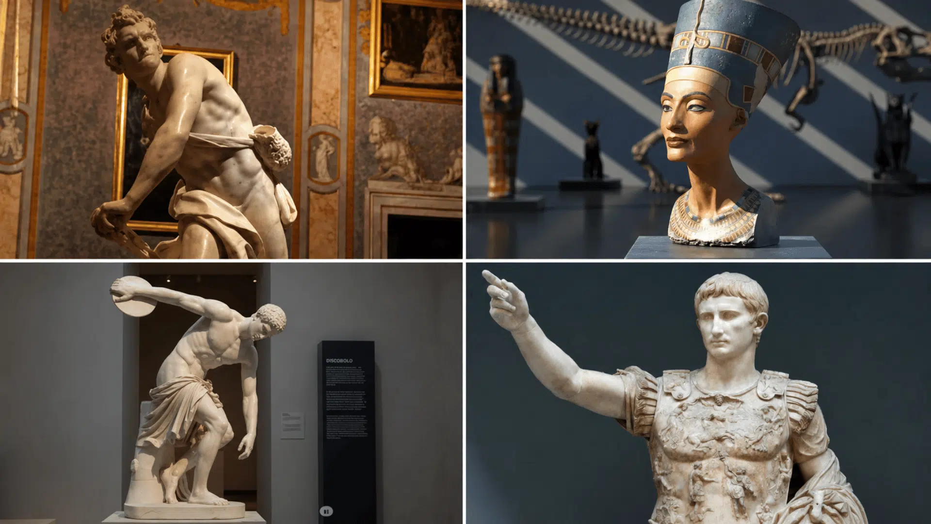 Four-panel collage featuring classical sculptures a Baroque marble figure, Egyptian queen bust, Discobolus statue, and Roman emperor statue.