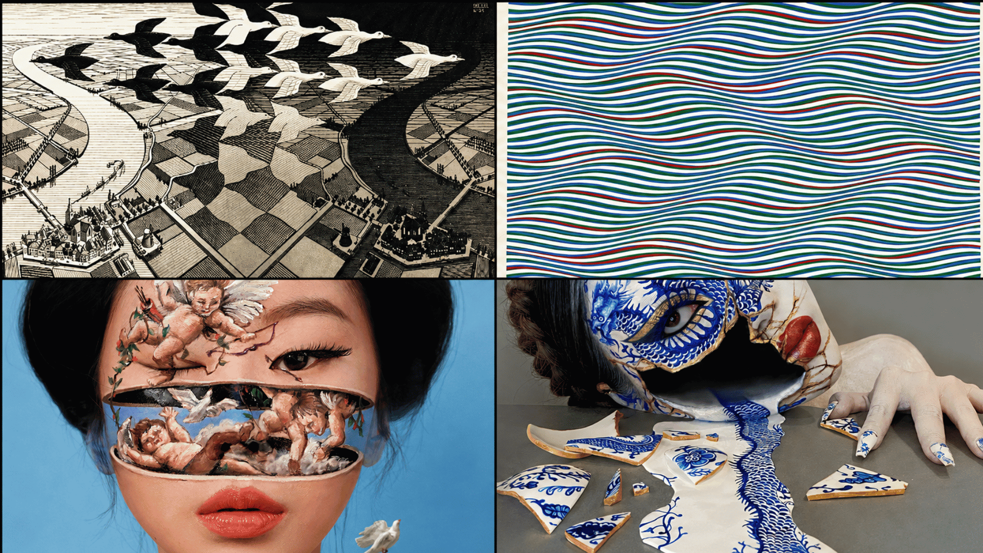 Four-panel collage featuring M.C. Escher, Bridget Riley, Dain Yoon, and Mimi Choi with surreal, optical art styles.