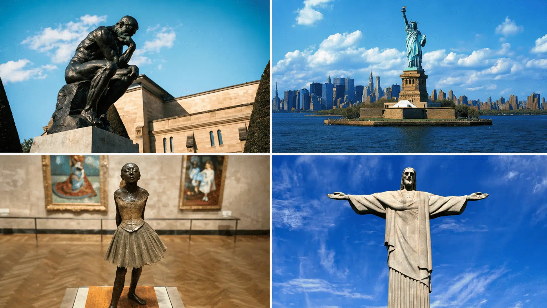 Four-panel collage featuring The Thinker, Statue of Liberty, a ballerina sculpture in a museum, and Christ the Redeemer under a blue sky.