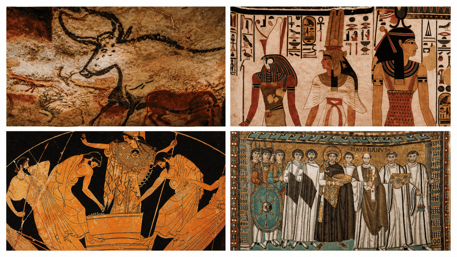 Four-panel collage of ancient art cave painting, Egyptian figures, Greek pottery scene, and Byzantine mosaic on white grid layout