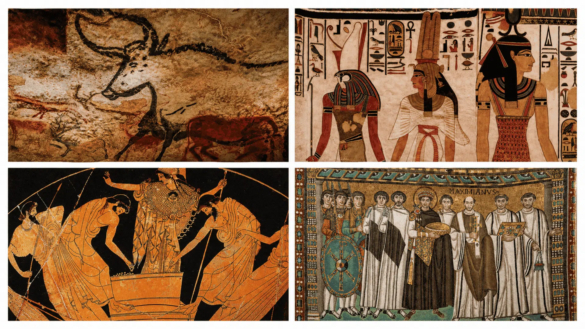 Four-panel collage of ancient art cave painting, Egyptian figures, Greek pottery scene, and Byzantine mosaic on white grid layout