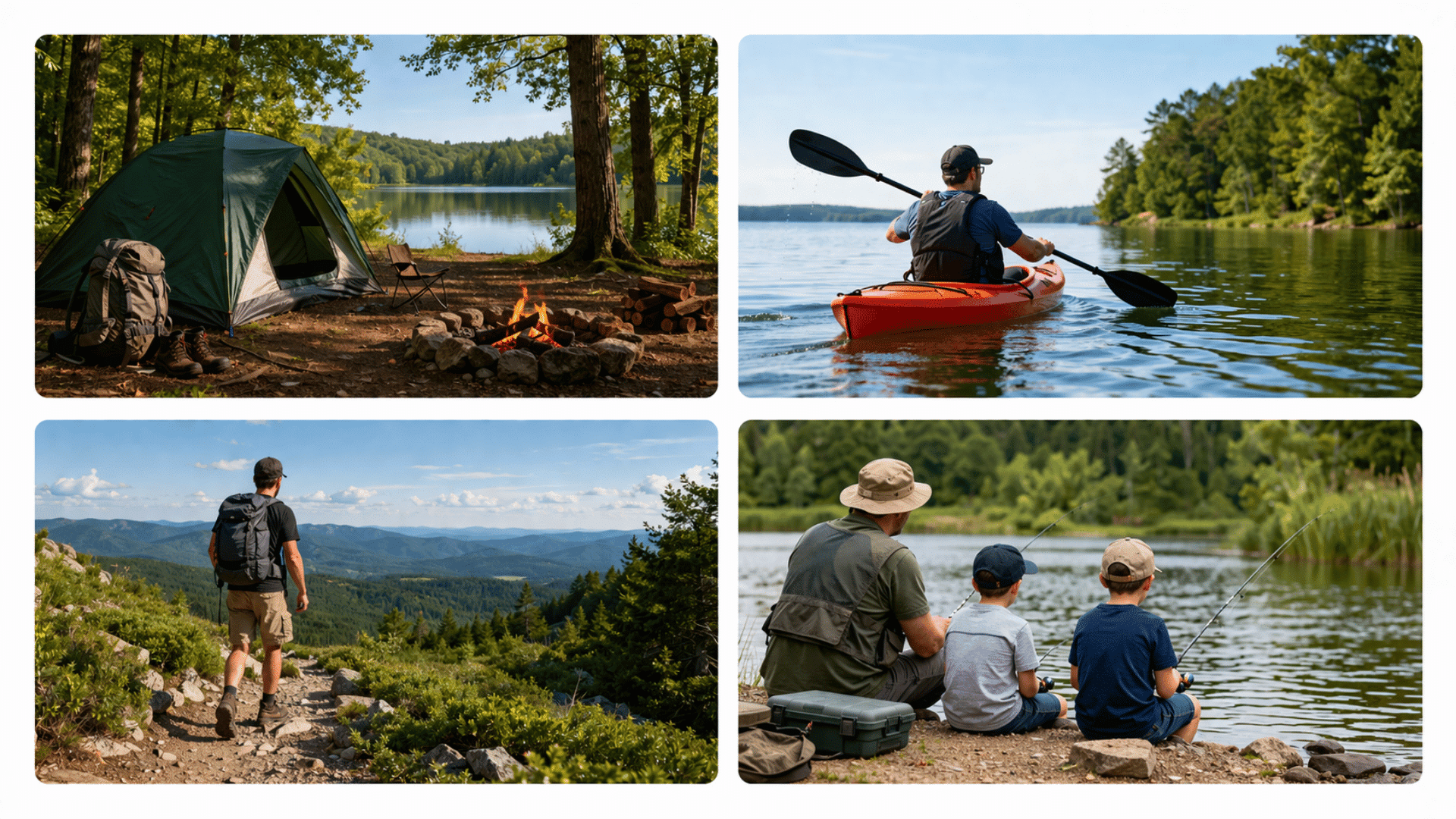 Four panel collage of camping, kayaking, hiking, and fishing scenes on white background showing outdoor weekend adventure ideas