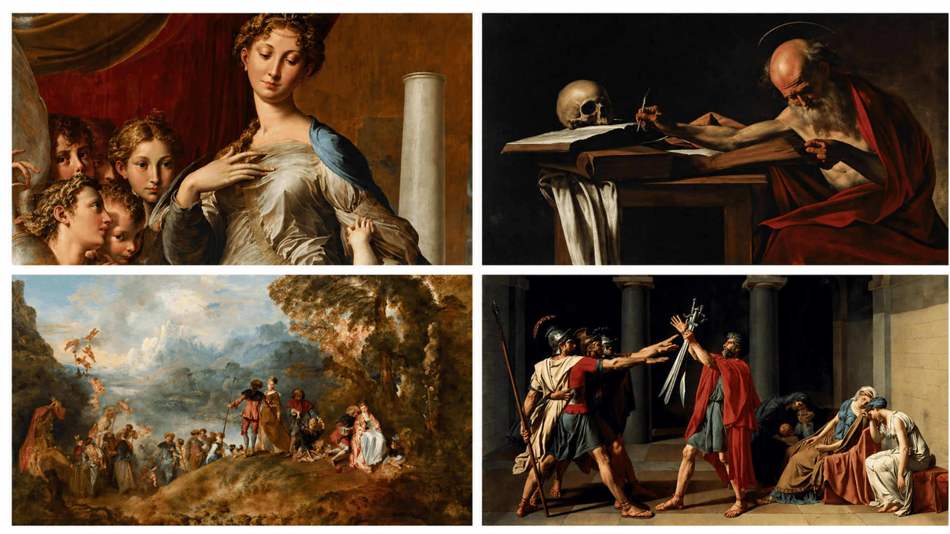 Four-panel collage of classical paintings Madonna scene, scholar with skull, pastoral landscape, and dramatic Roman oath scene.