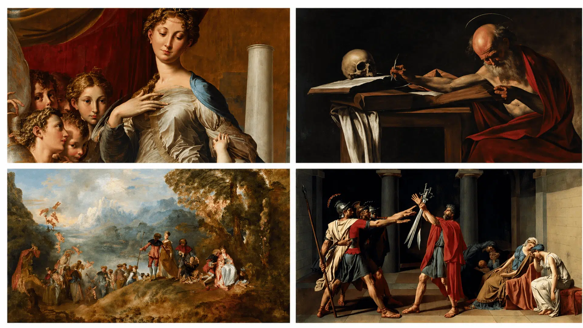 Four-panel collage of classical paintings Madonna scene, scholar with skull, pastoral landscape, and dramatic Roman oath scene.