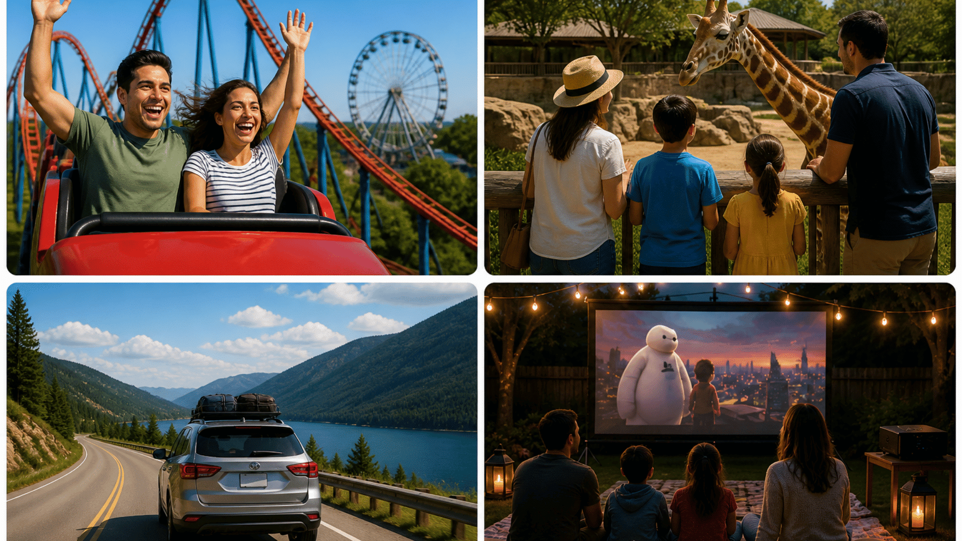 Four panel collage of couple on roller coaster, scenic road trip, family at zoo with giraffe, and backyard outdoor movie night under lights