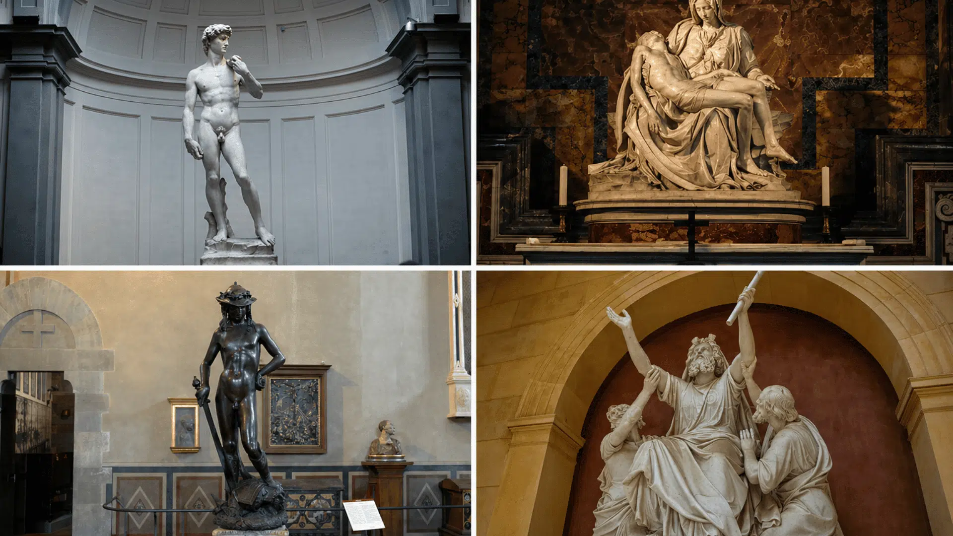 Four-panel collage of famous sculptures David, Pietà, bronze statue in a gallery, and a dramatic marble scene with figures under an arch.