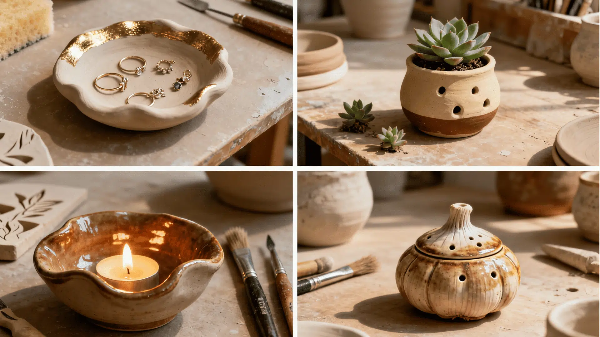 Four-panel collage of handmade ceramic pinch pots ring dish, succulent planter, candle holder and garlic keeper.