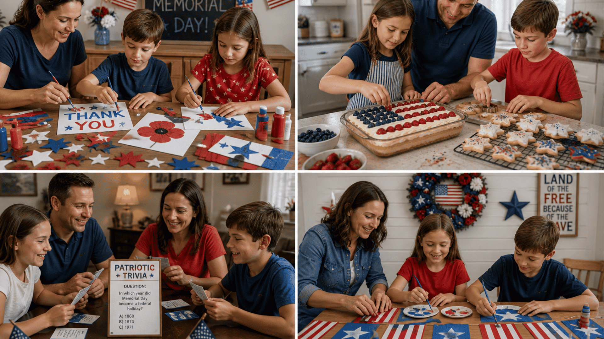 Four panel collage of indoor Memorial Day crafts, flag dessert baking, patriotic trivia game, and kids making red white blue banners.