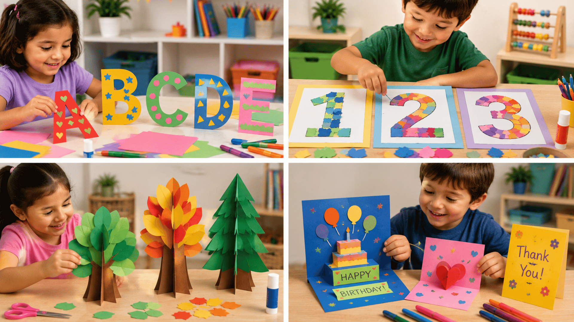 Four-panel collage of kids creating alphabet crafts, number collages, 3D paper trees, and pop-up greeting cards.