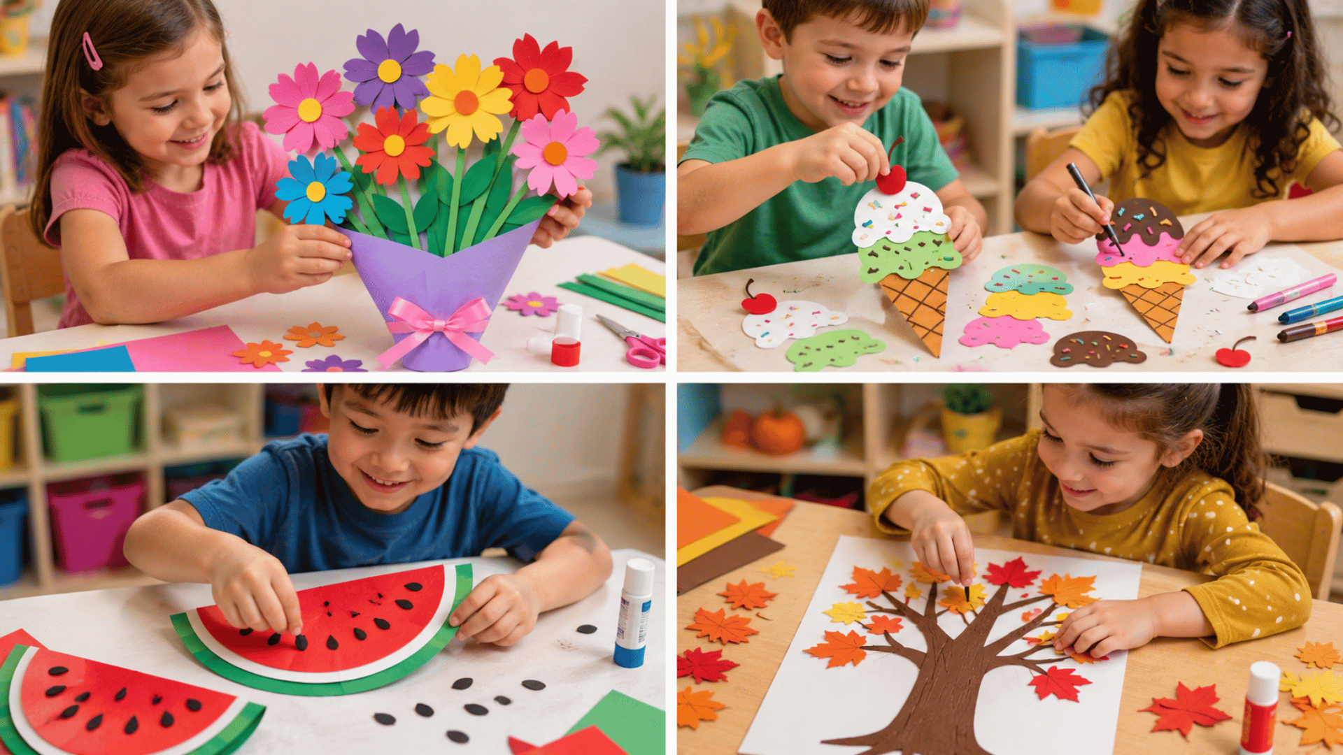 Four-panel collage of kids happily making colorful paper flower, ice cream, watermelon, and autumn tree crafts indoors.