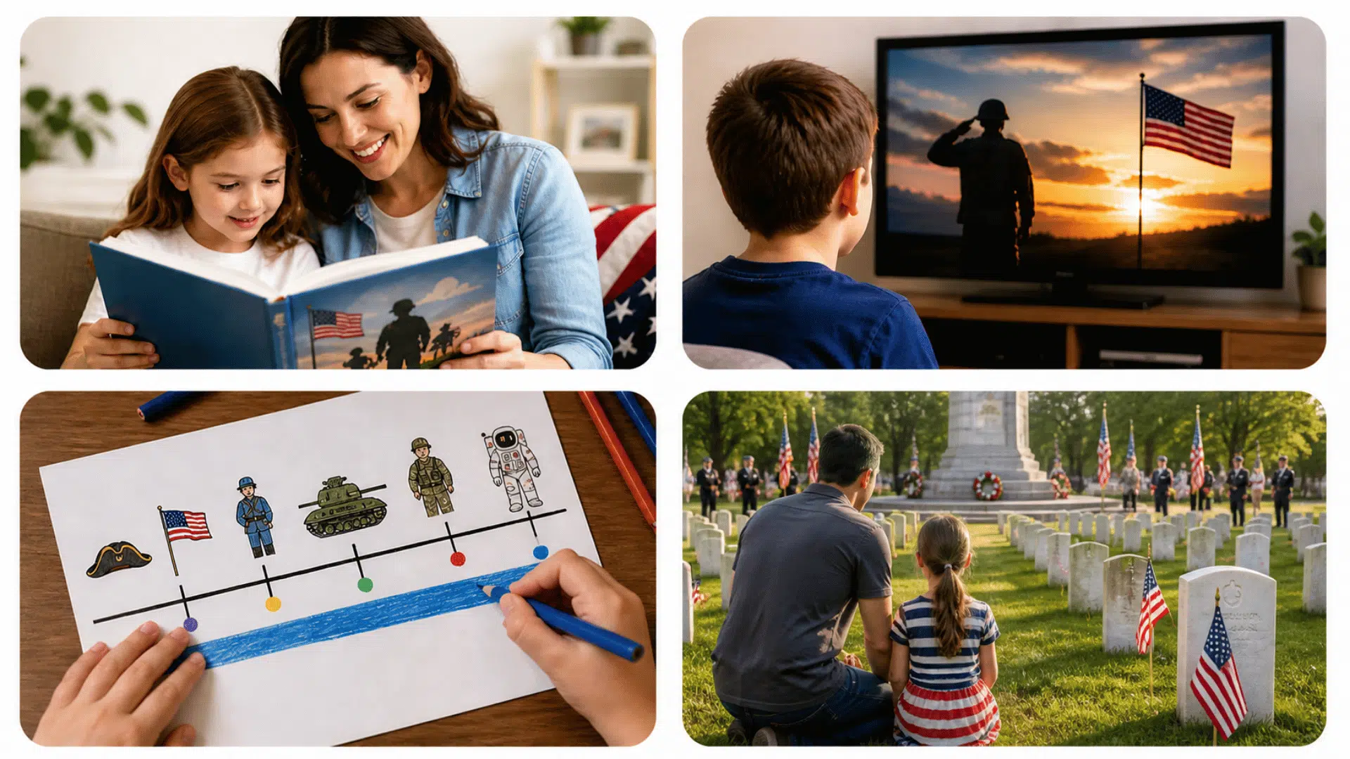 Four-panel collage of kids learning Memorial Day reading, watching tribute, drawing timeline, visiting cemetery with flags and graves