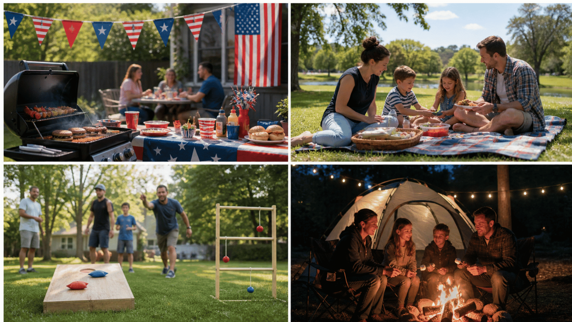 Four panel collage of Memorial Day scenes backyard BBQ with flags, family picnic in park, lawn games, and cozy backyard camping at night