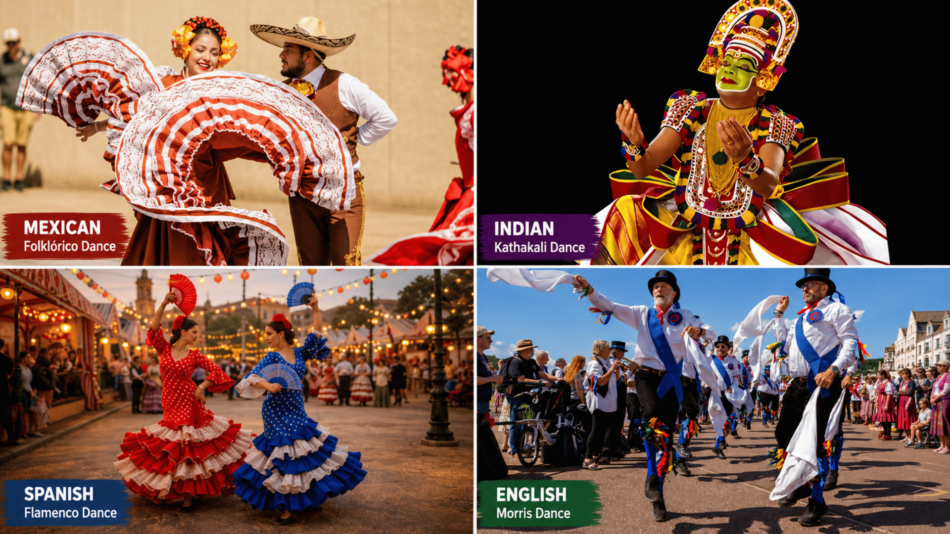 Four-panel collage of traditional dances featuring Mexican Folklórico, Indian Kathakali, Spanish Flamenco, and English Morris dance.