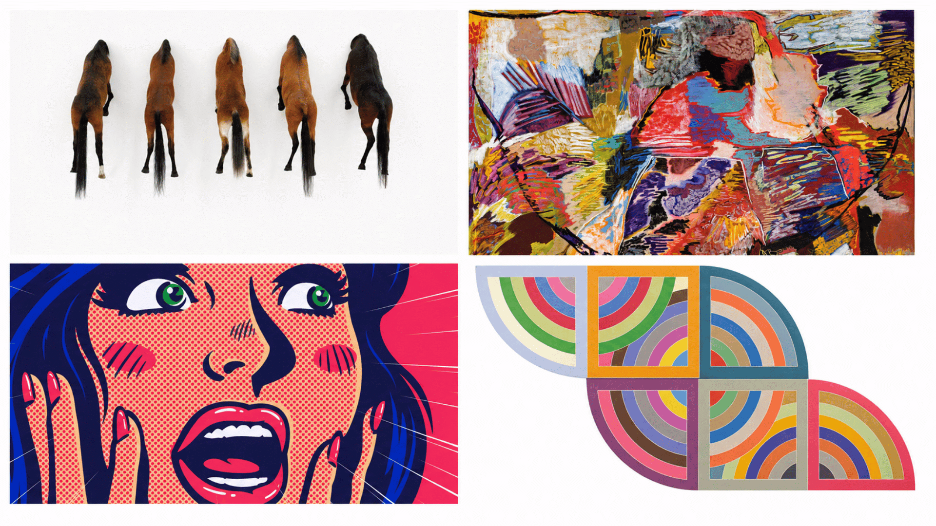 Four-panel collage on white background featuring horses, abstract art, pop art portrait, and geometric rainbow shapes.