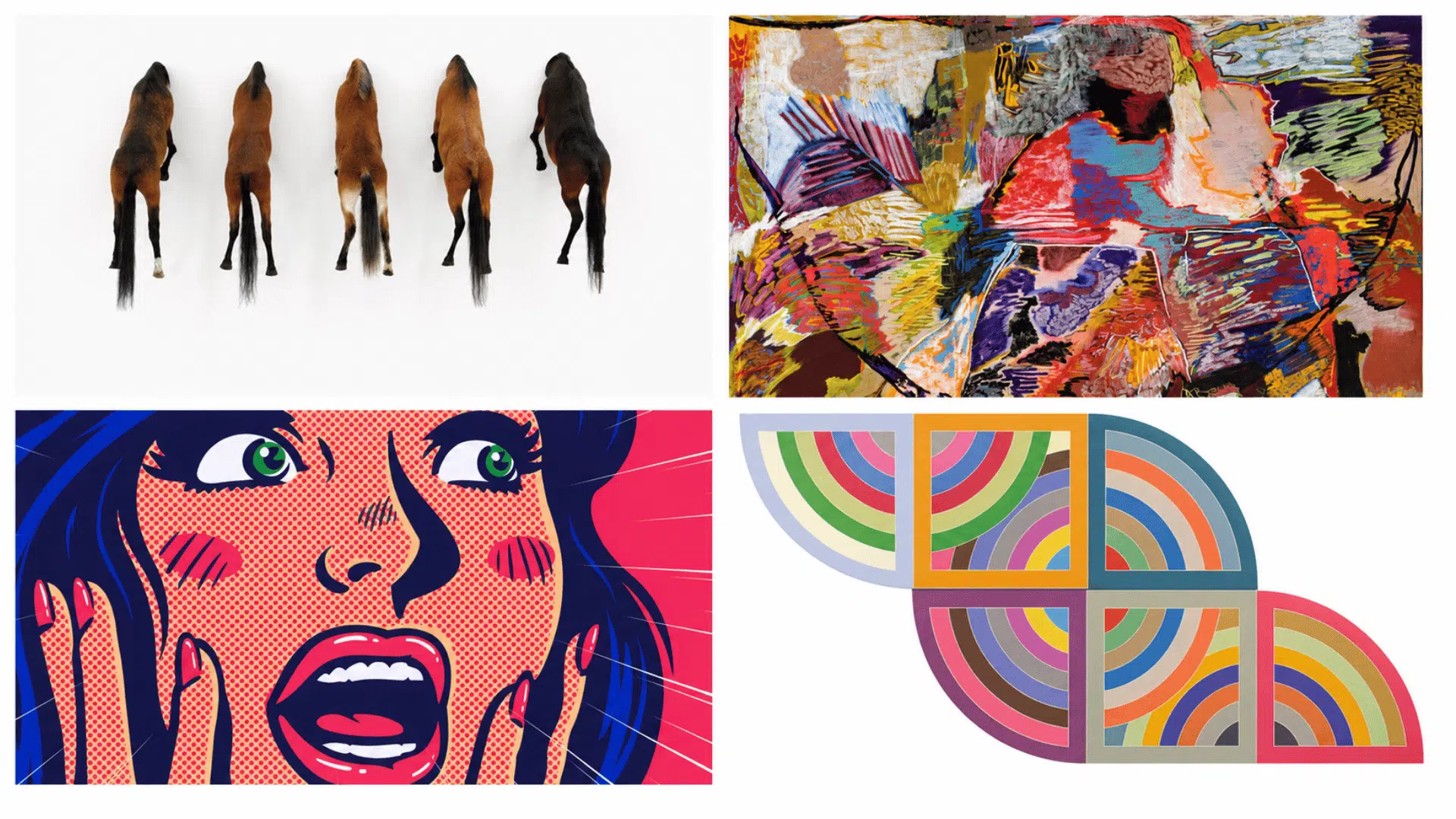 Four-panel collage on white background featuring horses, abstract art, pop art portrait, and geometric rainbow shapes.