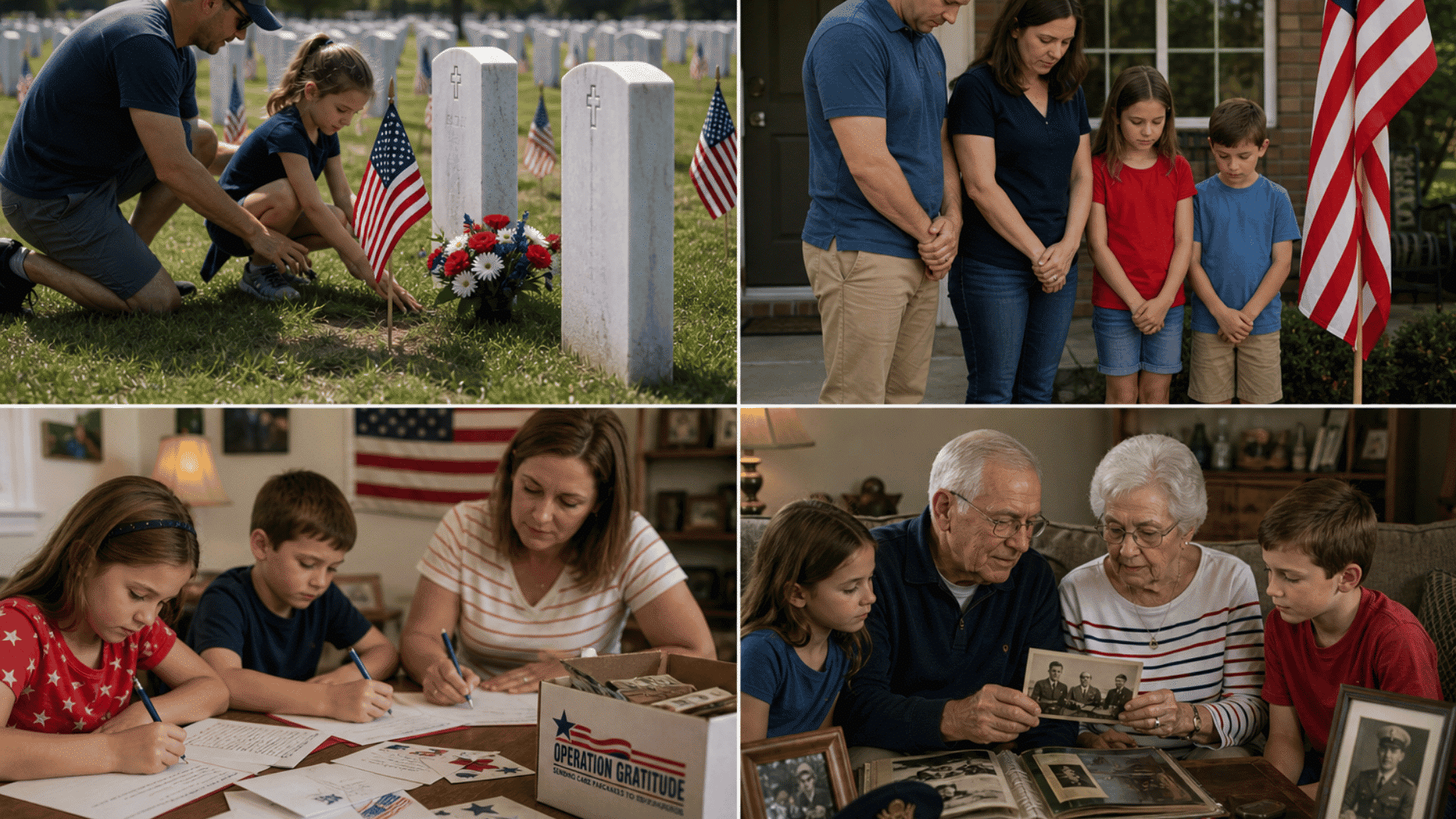 Four panel collage placing flags at veterans cemetery, family observing silence, kids writing letters, grandparents sharing military memories (1)