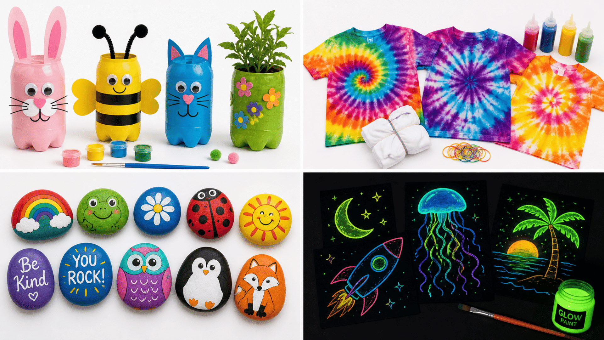 Four-panel collage showing bottle crafts, tie-dye shirts, painted rocks, and glow-in-the-dark art projects on a clean white background