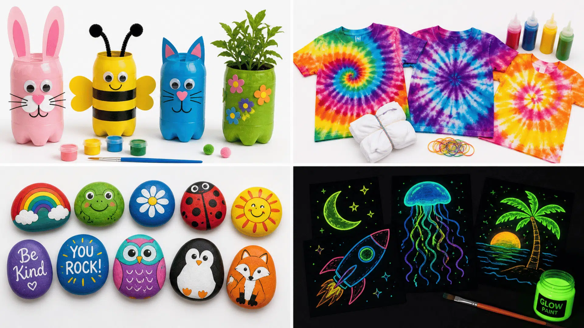 Four-panel collage showing bottle crafts, tie-dye shirts, painted rocks, and glow-in-the-dark art projects on a clean white background