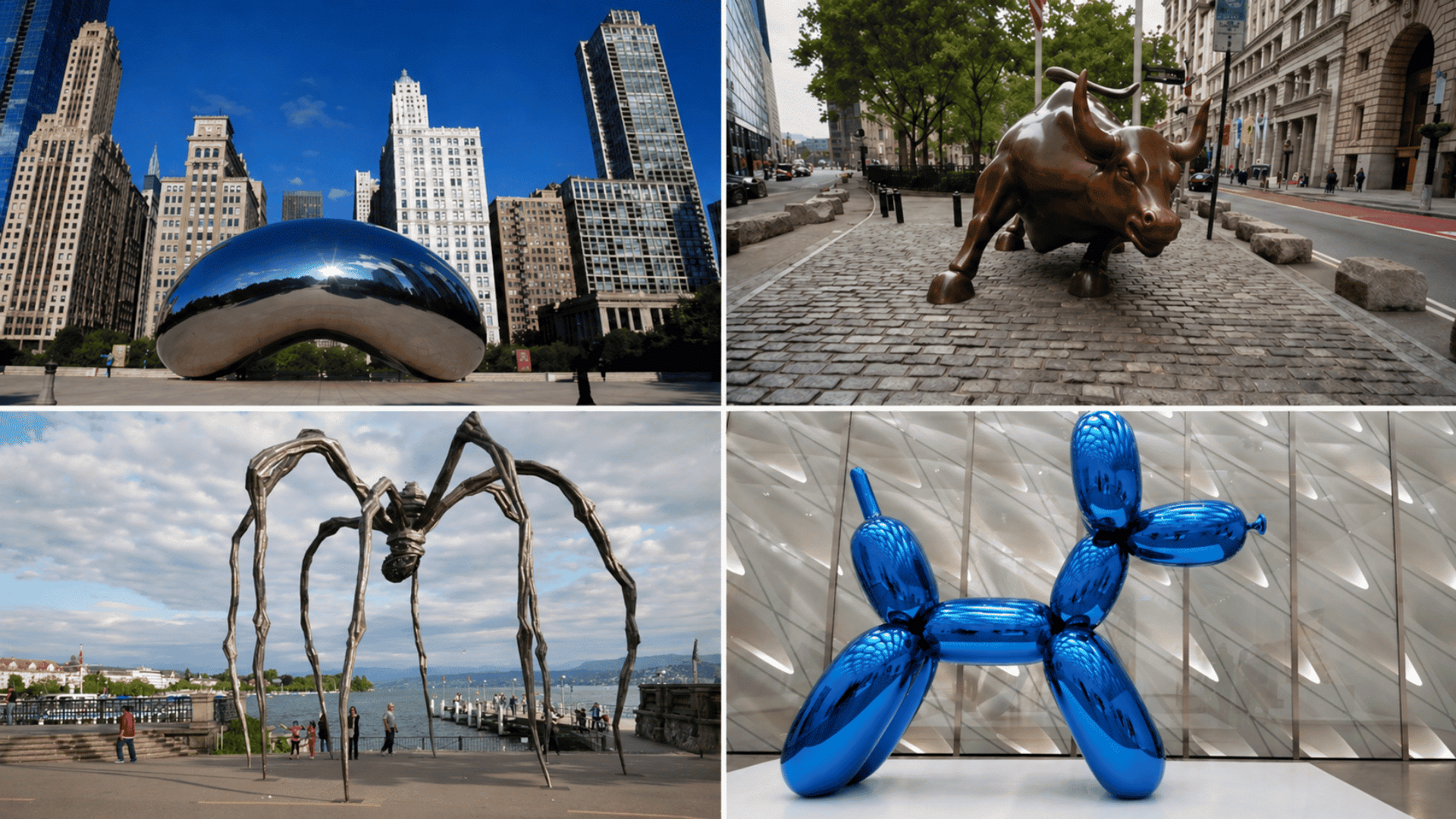 Four-panel collage showing Cloud Gate in Chicago, Wall Street bull, giant spider sculpture by the waterfront, and a blue balloon dog.