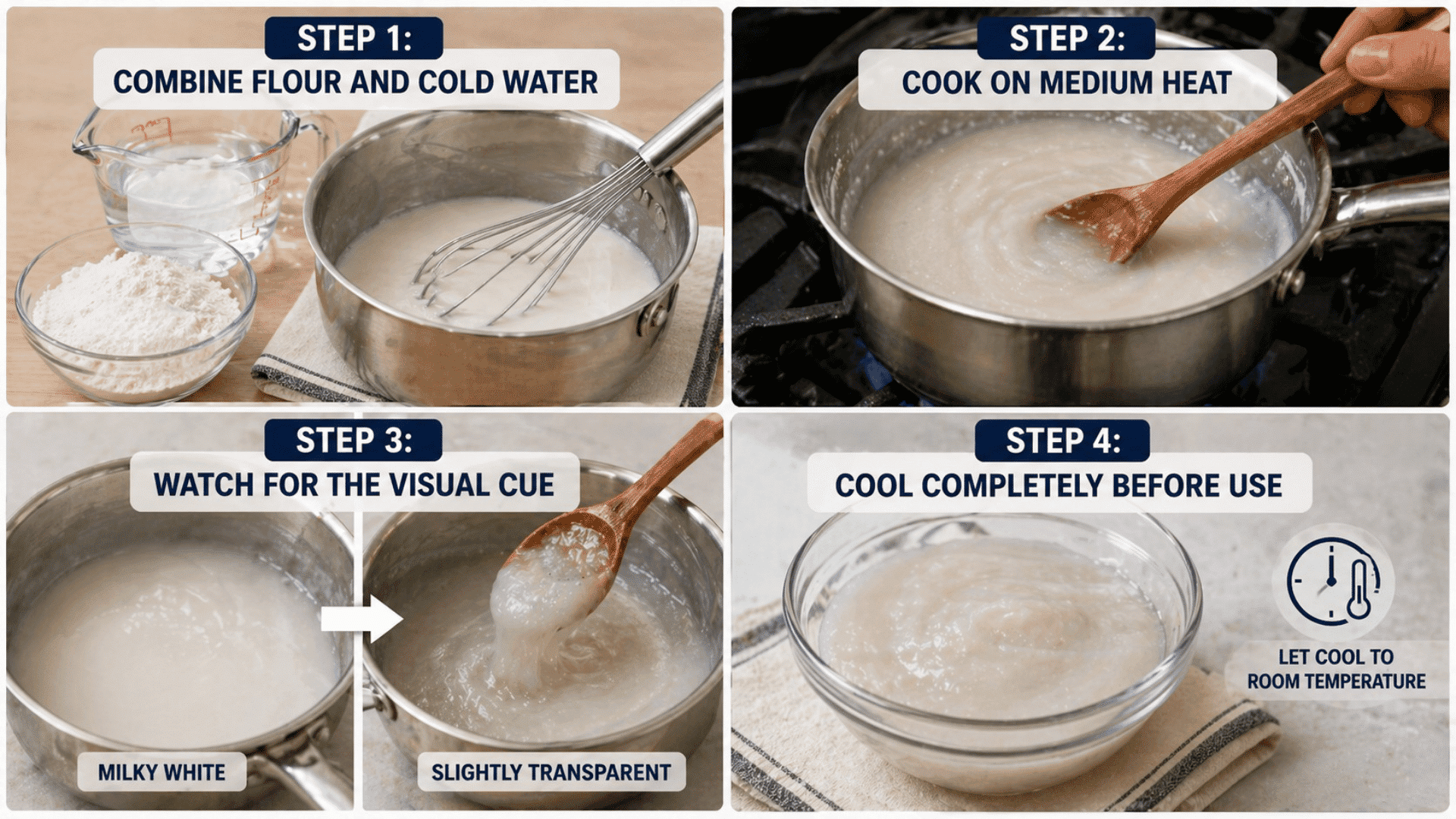Four panel collage showing cooked flour paste steps mix flour and water, cook while stirring, watch for thickening, cool before use