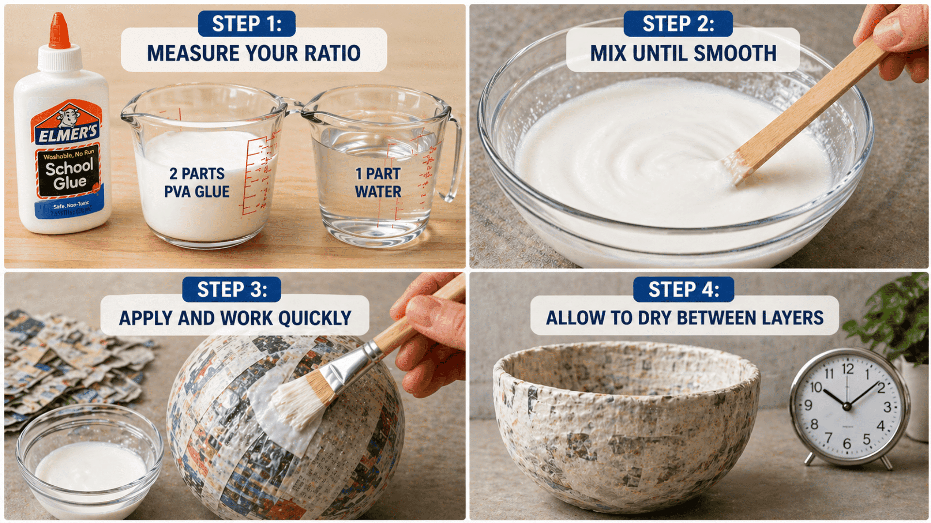 Four panel collage showing glue paste steps measure glue and water, mix smooth, apply quickly to paper, let layers dry fully