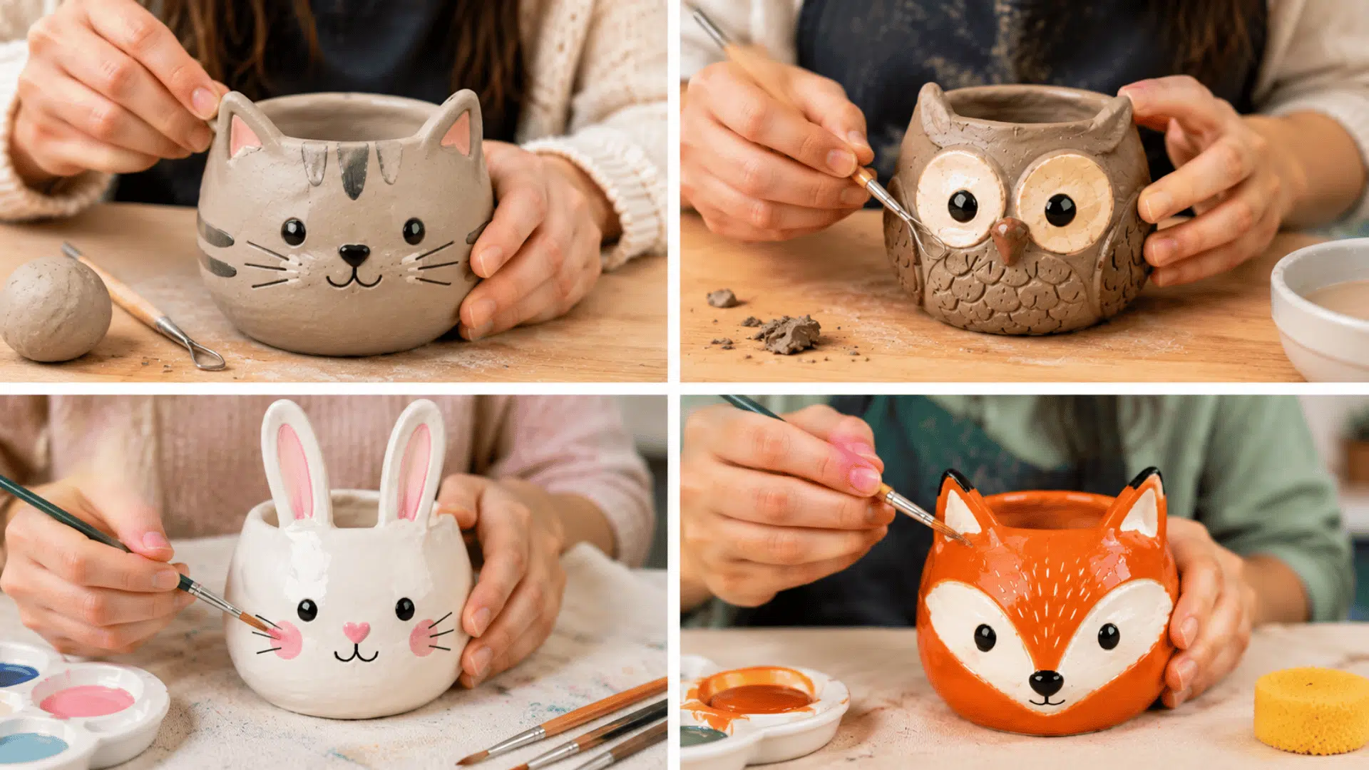 Four-panel collage showing hands crafting cute cat, owl, bunny, and fox clay pinch pots on a clean white background.