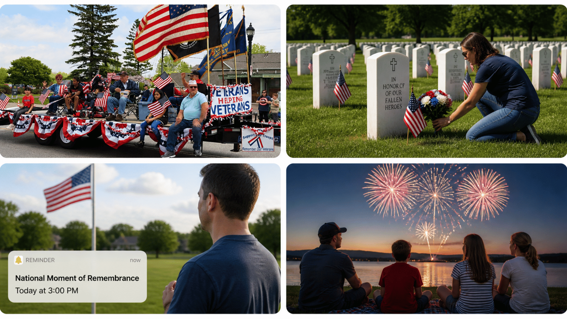 Four panel collage showing Memorial Day parade float, cemetery tribute, moment of remembrance, and small group watching fireworks by lake