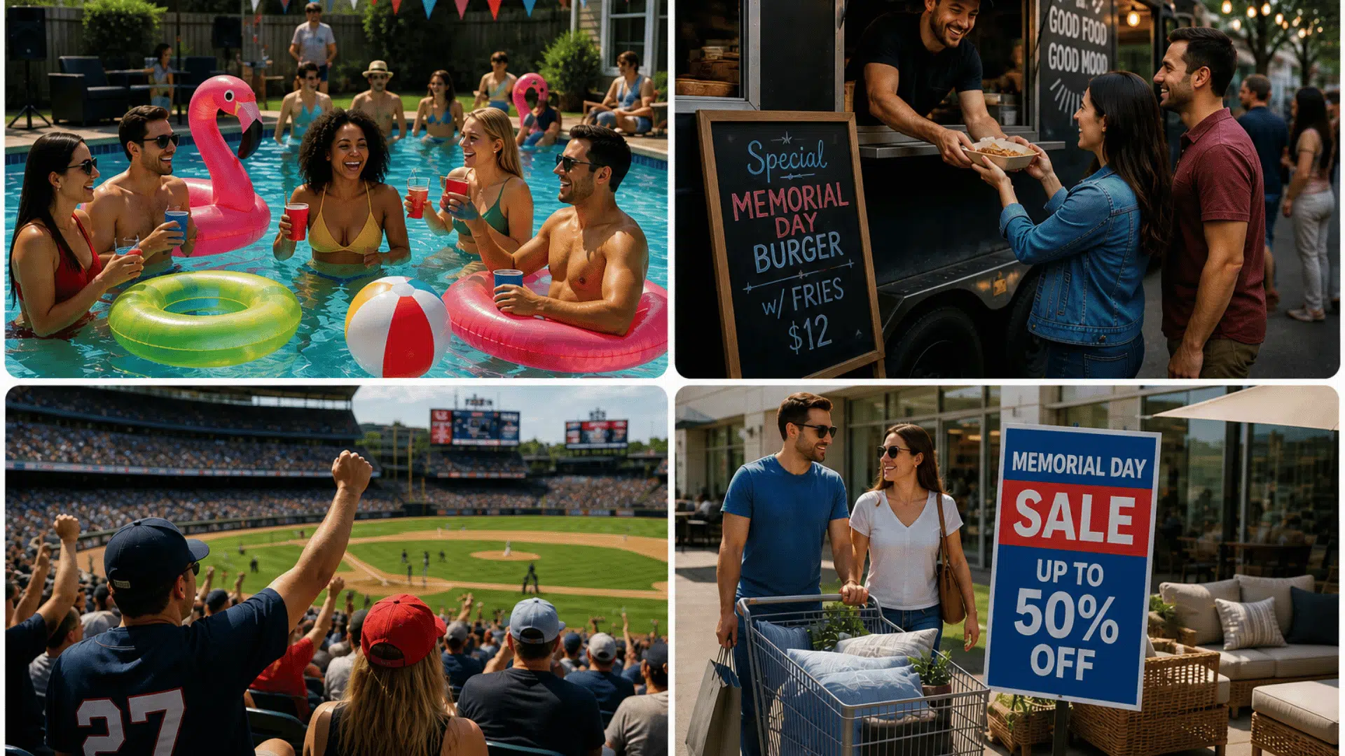 Four panel collage showing pool party with friends, couple at food truck, crowd at baseball game, and couple shopping Memorial Day sale outdoors
