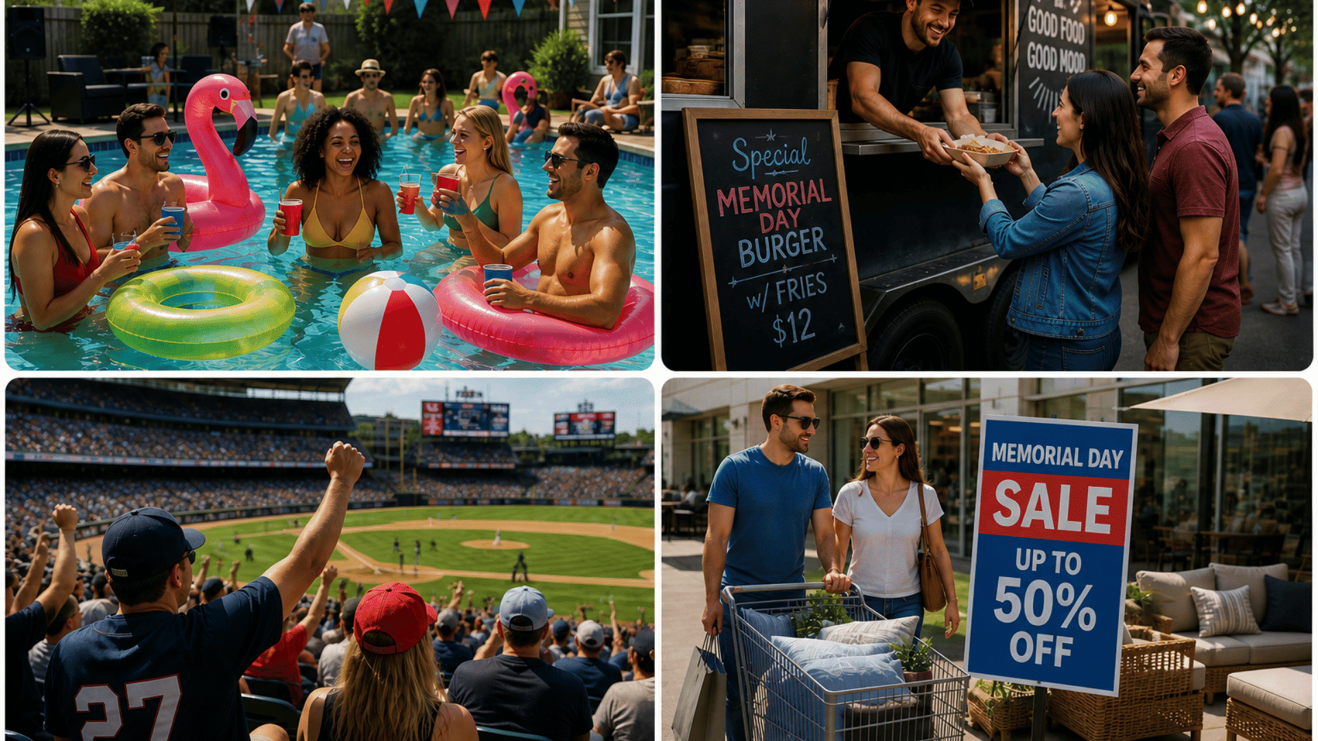 Four panel collage showing pool party with friends, couple at food truck, crowd at baseball game, and couple shopping Memorial Day sale outdoors (1)