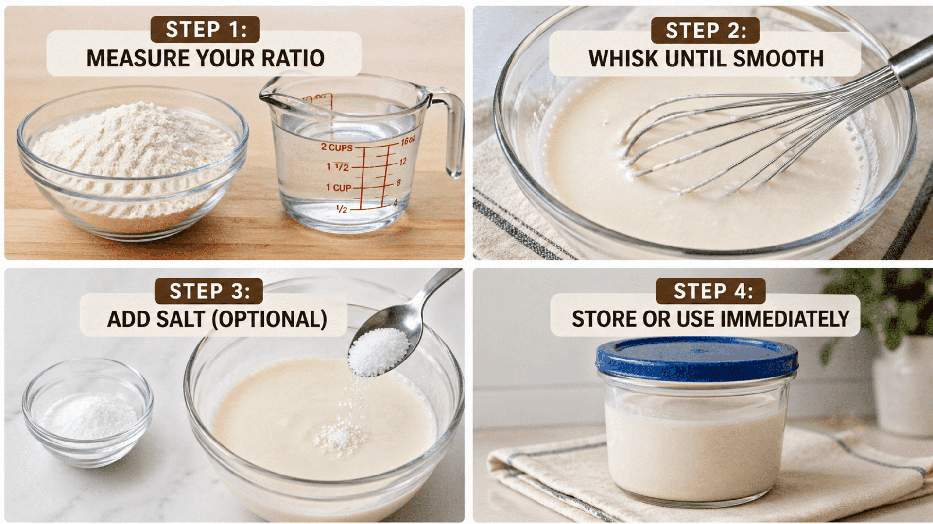 Four panel collage showing steps to make flour paste measure flour and water, whisk smooth, add salt, store in jar for reuse late