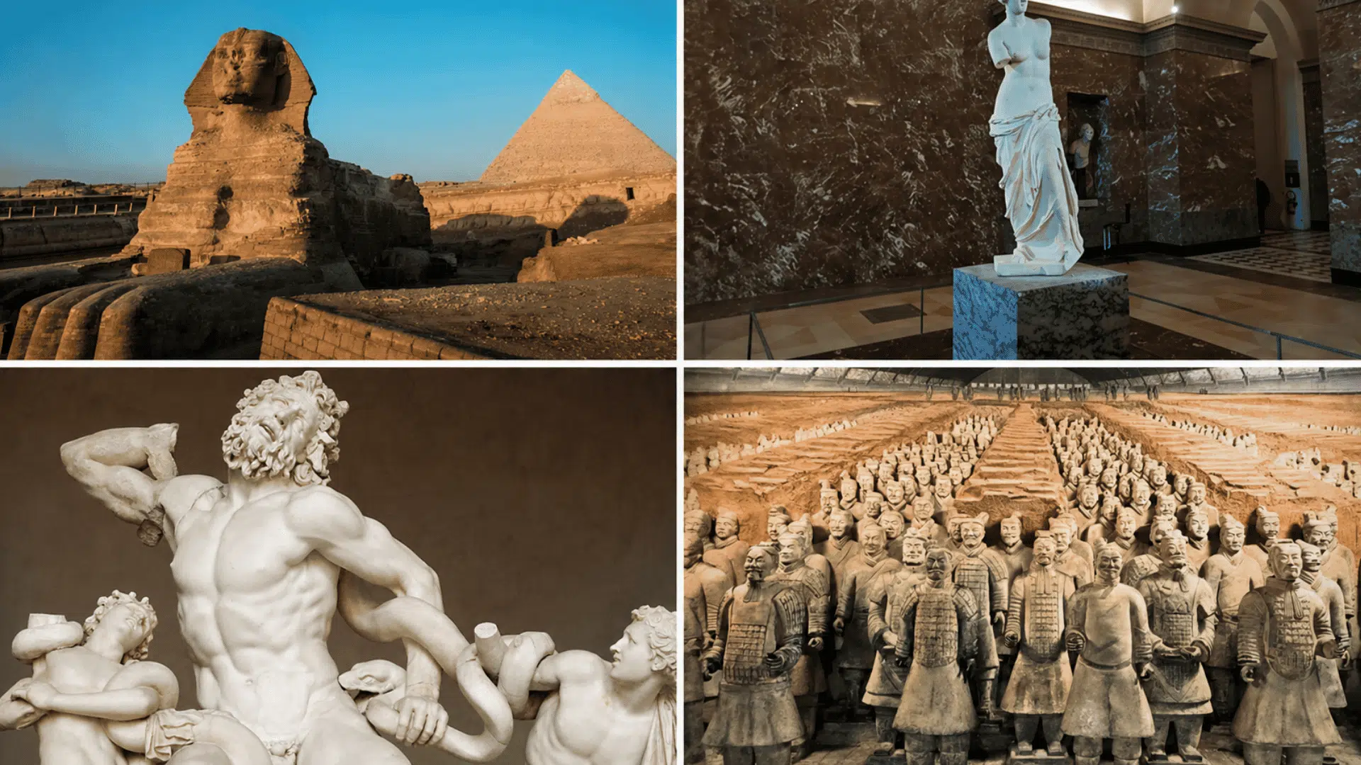 Four-panel collage showing the Sphinx and pyramid, a marble statue in a museum, a dramatic classical sculpture, and the Terracotta Army.