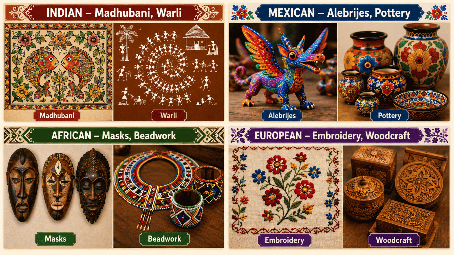 Four-panel folk art collage showing Indian MadhubaniWarli, Mexican Alebrijespottery, African masksbeadwork, and European crafts.
