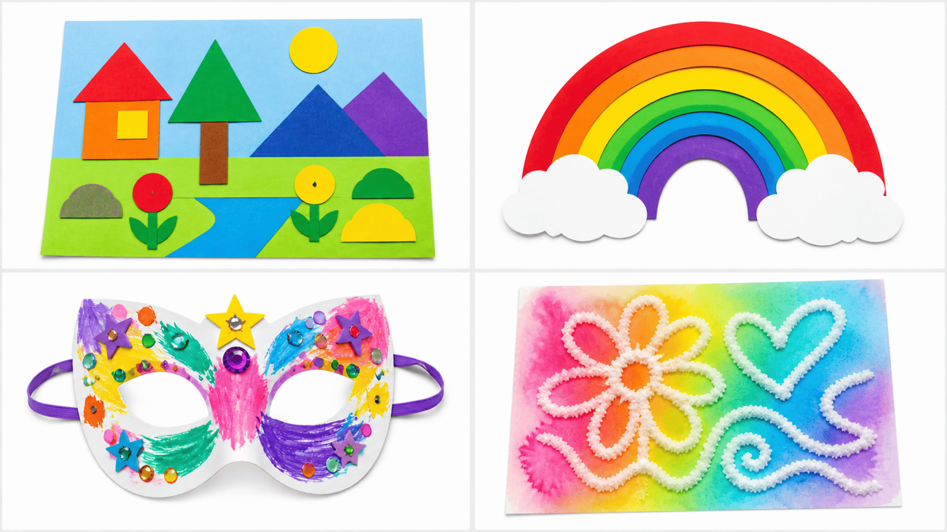Four-panel kids art collage on white background featuring shape scene, rainbow craft, decorated mask, and colorful salt painting designs.