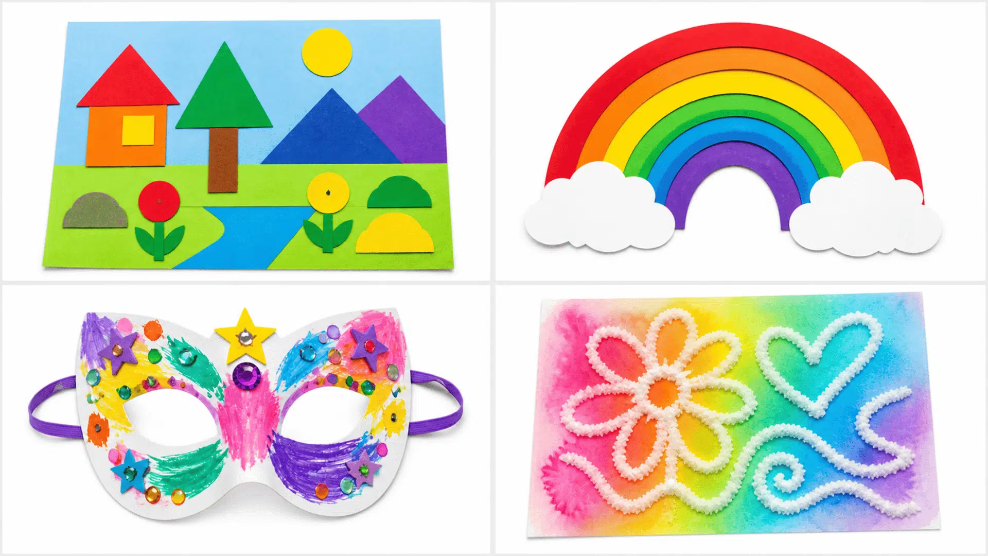 Four-panel kids art collage on white background featuring shape scene, rainbow craft, decorated mask, and colorful salt painting designs.