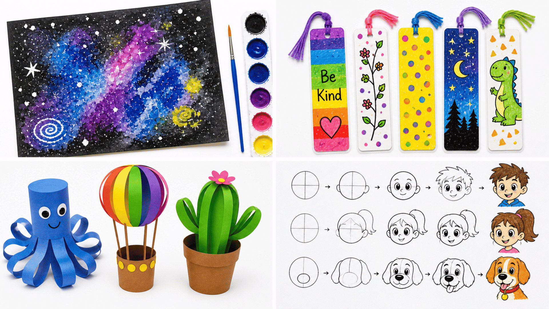Four-panel kids art collage showing messy galaxy painting, colorful bookmarks, paper crafts, and step-by-step cartoon drawings on white background
