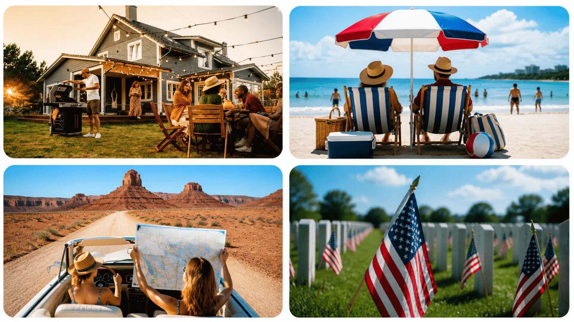 Four-panel Memorial Day collage showing backyard BBQ, beach relaxation, desert road trip, and cemetery with American flags.