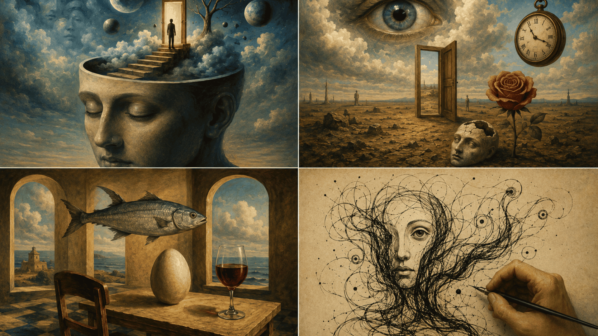 Four-panel surrealist collage featuring dreamlike landscapes, floating symbols, subconscious imagery, and abstract automatic drawings.