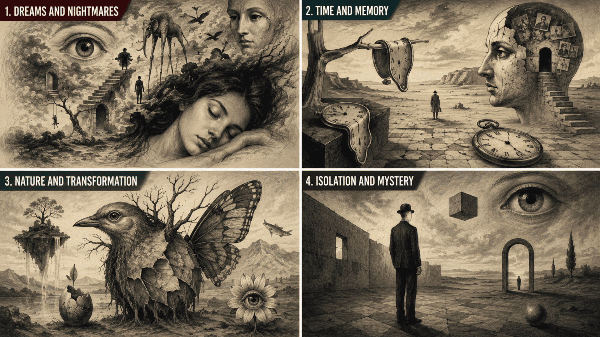 Four surreal panels depict dreams, distorted time, hybrid nature forms, and isolated figures in mysterious landscapes.
