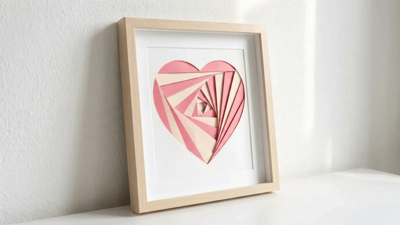 framed heart-shaped folded paper art in soft pink and cream tones, minimalist handmade wall decor for Mother’s Day gift